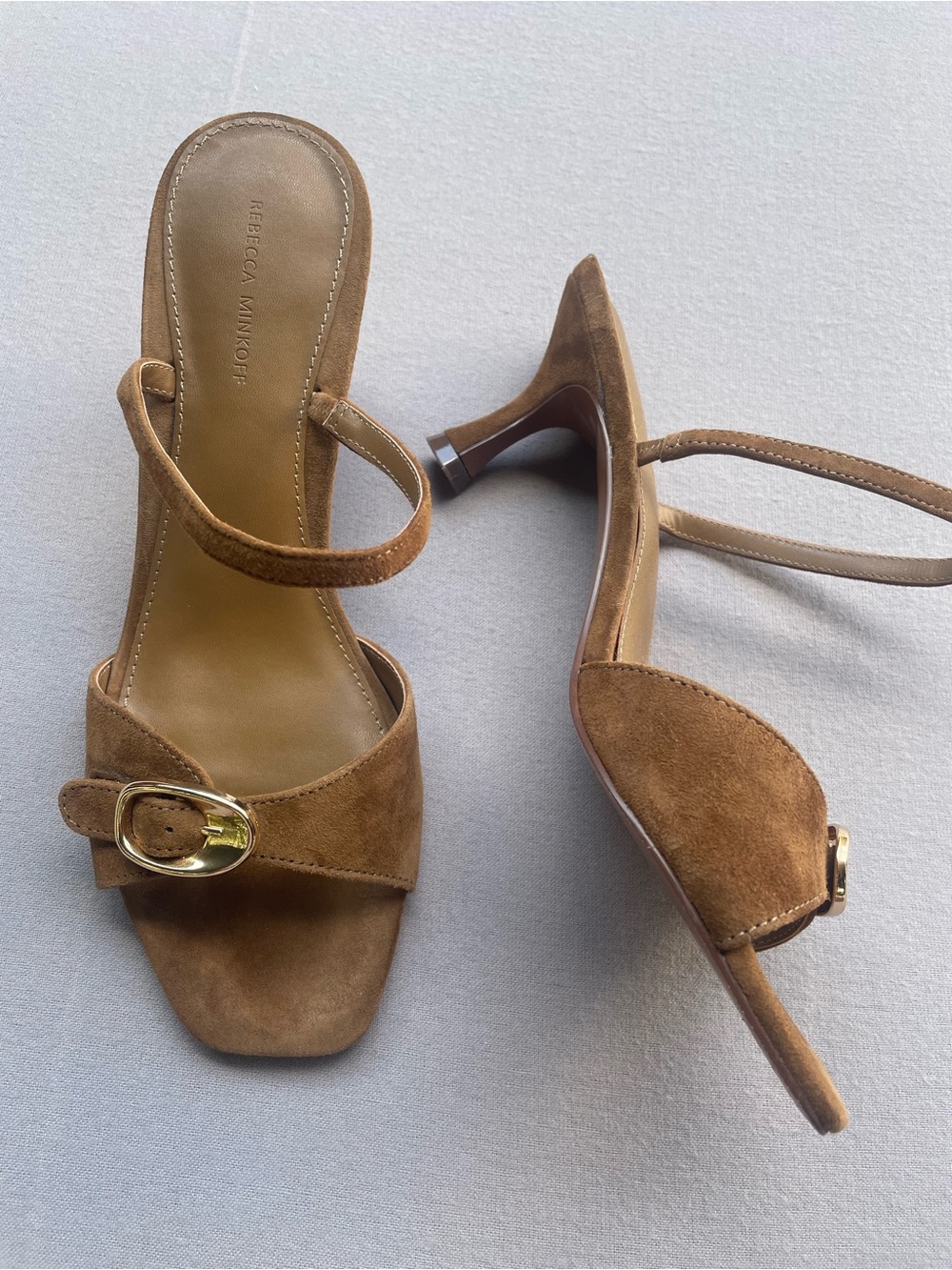 Rebecca Minkoff Tan Suede Buckle Mid-Heel Sandals
